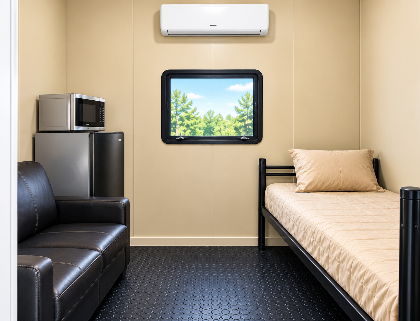 Private accommodation room with a single bed, seat and small appliances