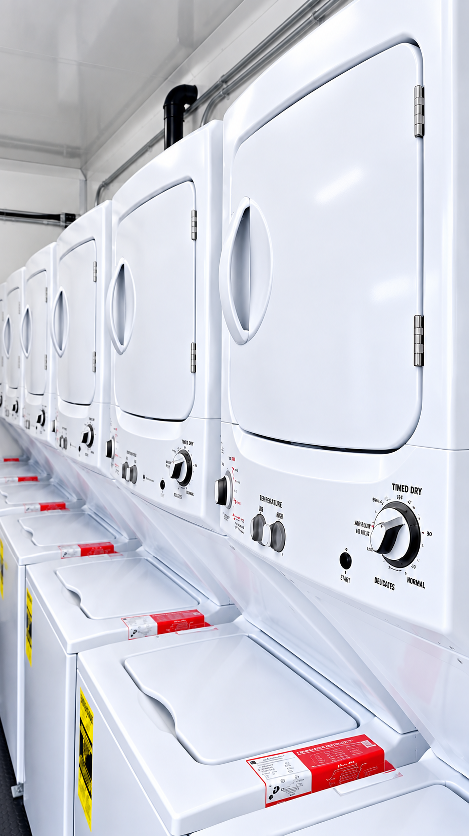Stacked laundry machines inside a narrow mobile facility