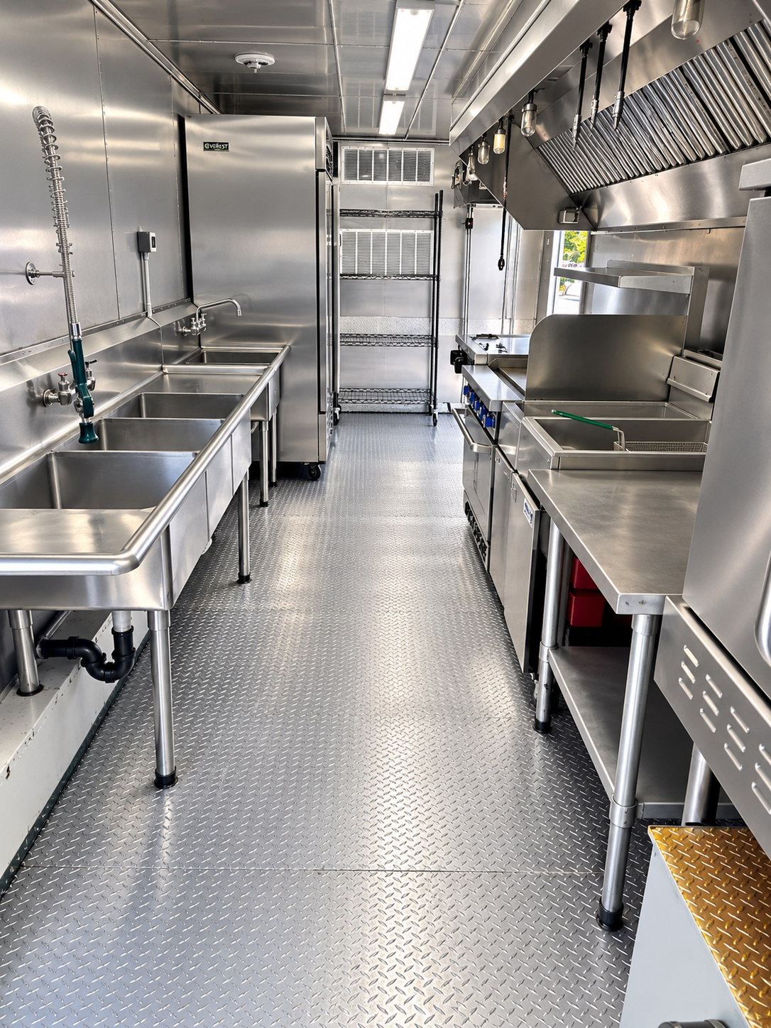 Stainless cooking line, sink and ventilation hood inside a mobile kitchen