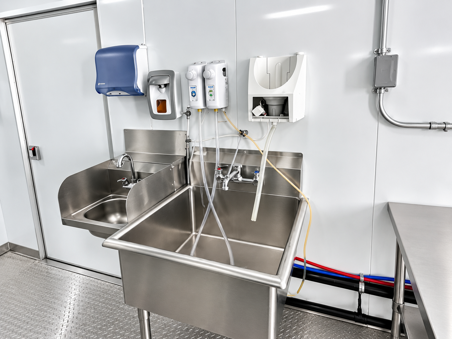 Stainless sink basins and dispensers inside a mobile wash facility