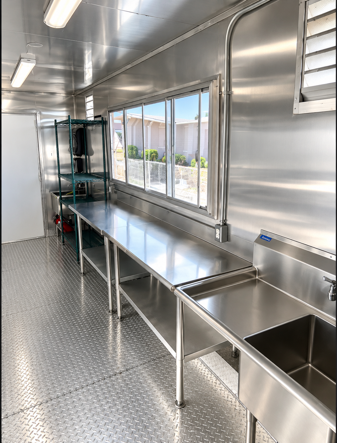 Stainless preparation counters and service window inside a mobile kitchen