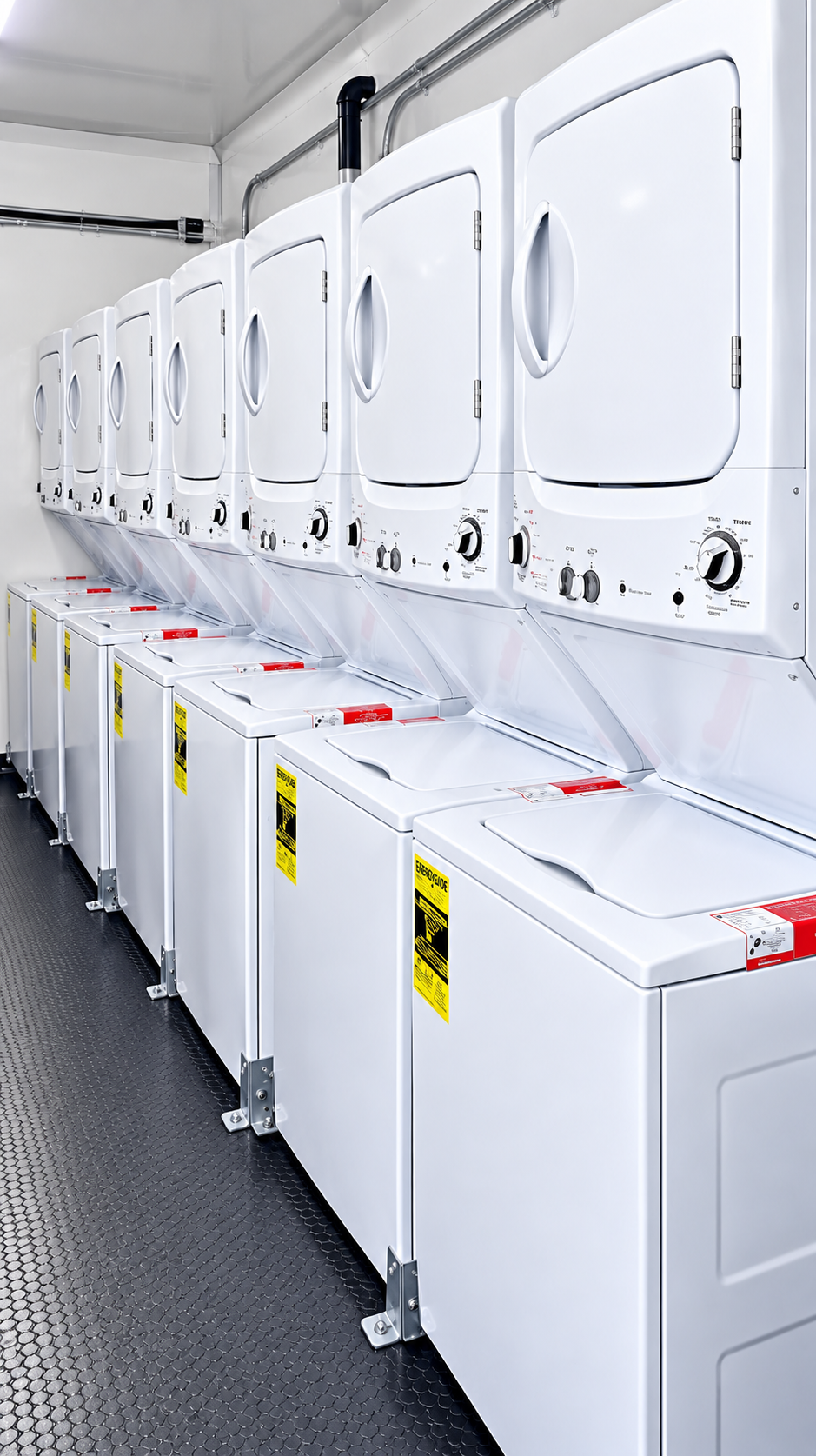 Stacked laundry machines inside a mobile facility