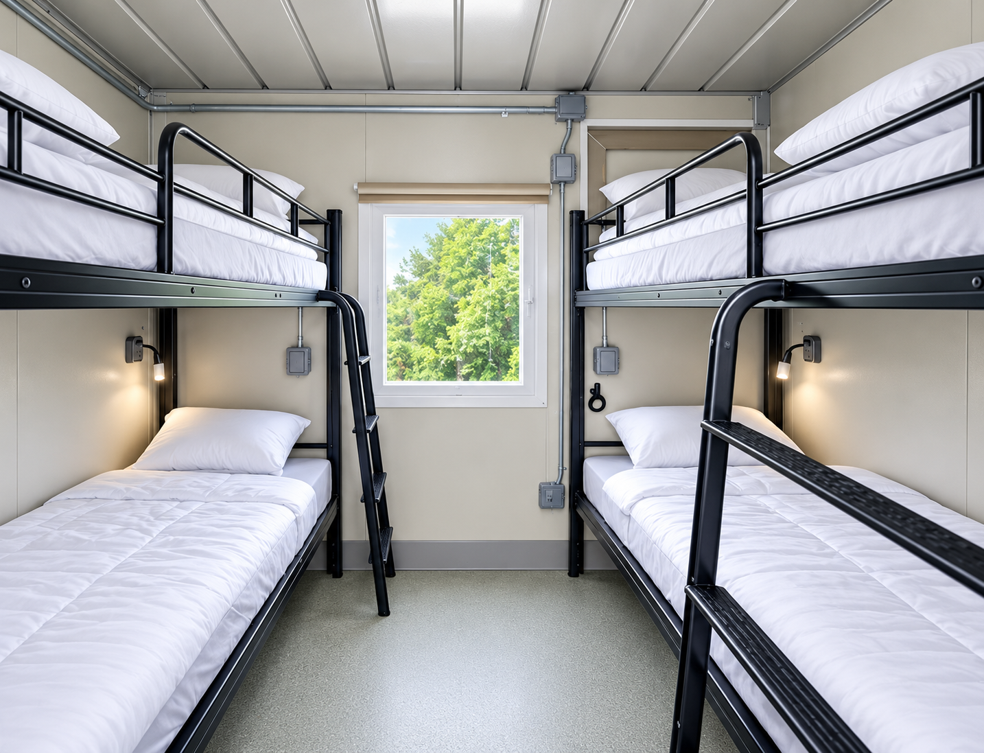 Bunk beds arranged along both walls of a sleeping room