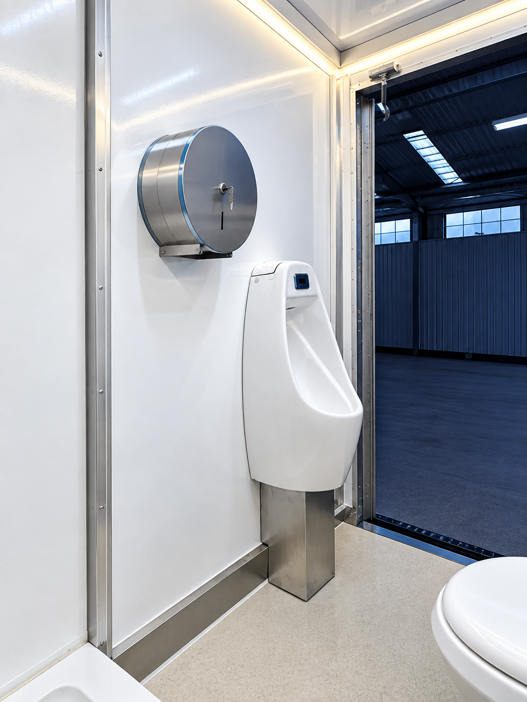 Urinal and part of a toilet inside a mobile restroom